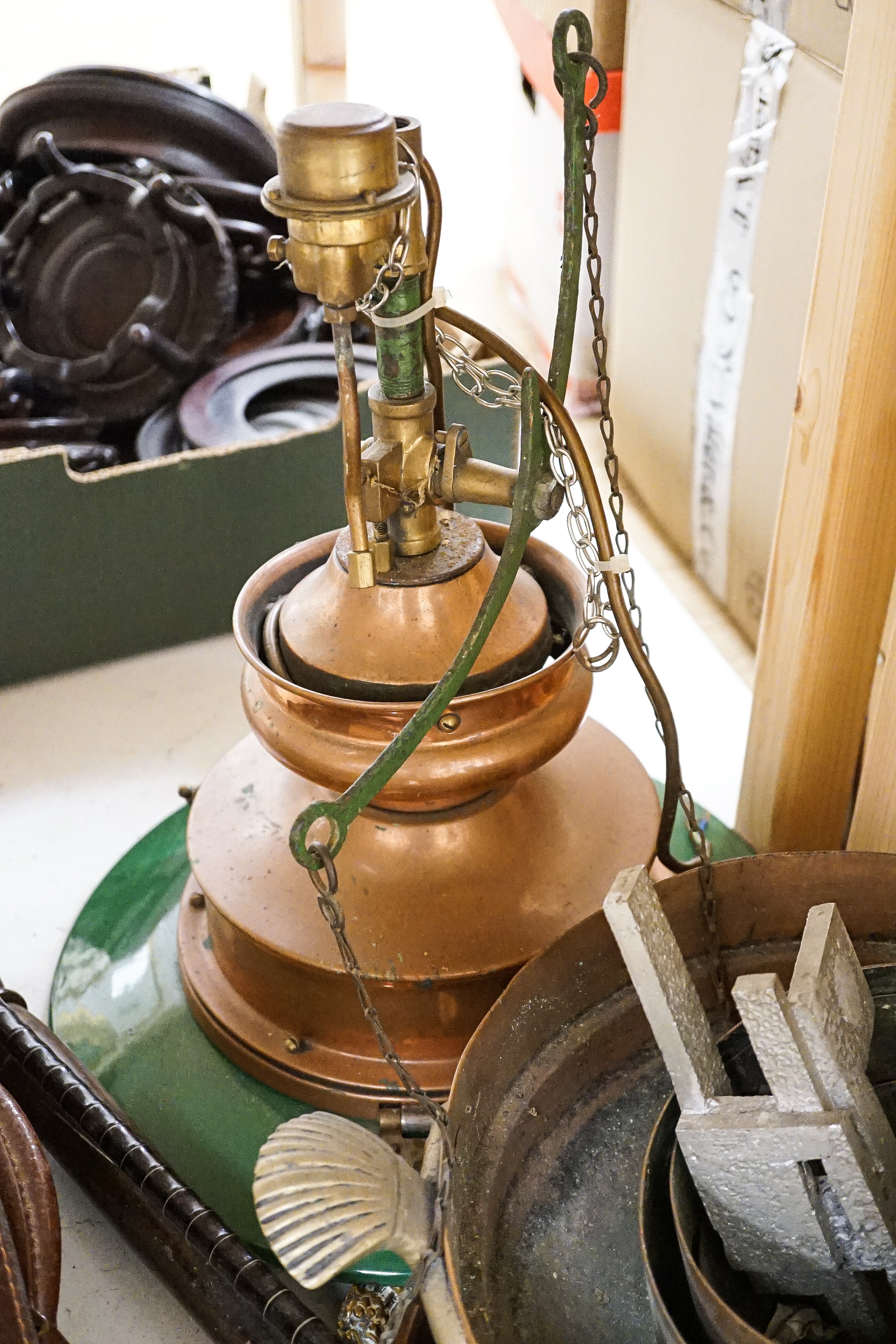 A quantity of copper wares, including a copper railway light.